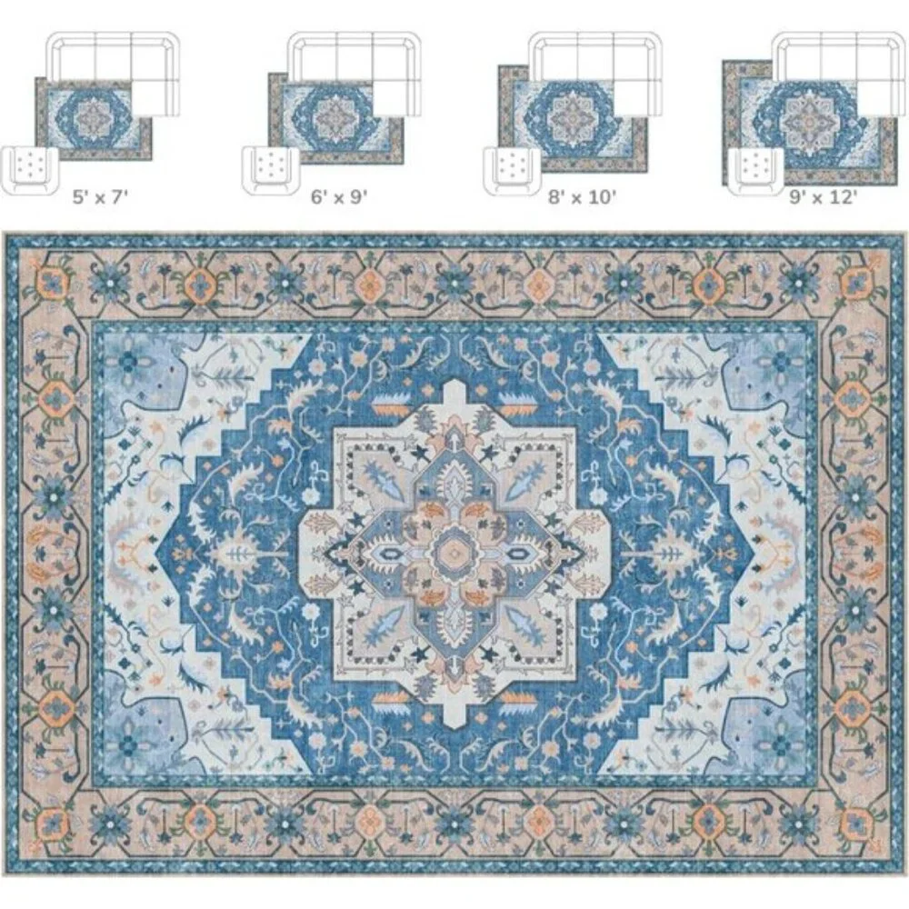 New 5x7 Blue Brown Boho Rug, Washable Soft Faux-Wool Vintage Medallion Carpet
